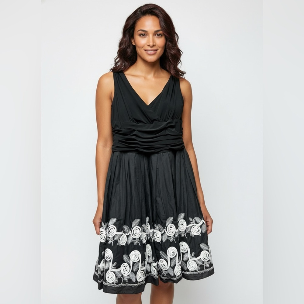 SL Fashions Black Midi Dress with White Embroidered Hem